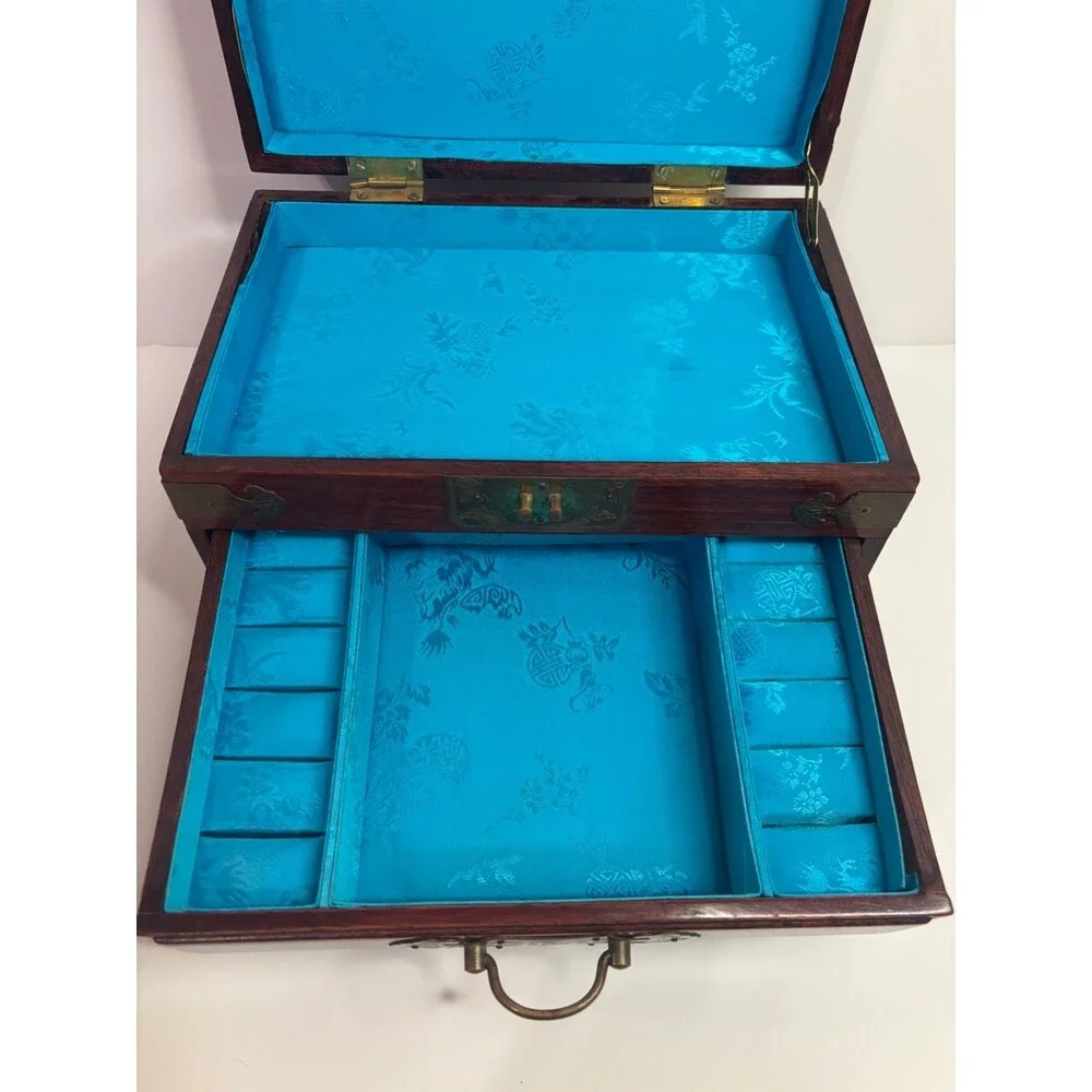 Vintage Chinese Rosewood Jewelry Box-Brass Hardware-Silk Lined-Trinket Chest-